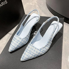 Tweed Pointed Toe Plaid Kitten Heel Slingback Mules