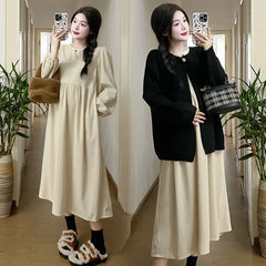 Maternity Long-Sleeve Crew Neck Plain Midi Tunic Dress / Crew Neck One-Buttoned Cardigan / Set
