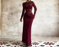 Long Sleeve Crew Neck Plain Ruched Panel Lace Maxi Sheath Dress