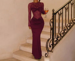 Long Sleeve Crew Neck Plain Ruched Panel Lace Maxi Sheath Dress