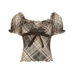 V-Neck Plaid Ruffled-Trim A-Line Camisole Top / Short Sleeve Top