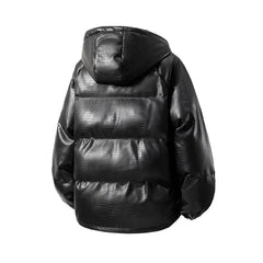 Hooded Plain Faux Leather Puffer Jacket