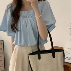 Short-Sleeve Square-Neck Plain Shirred Blouse