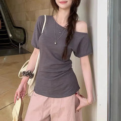 Short-Sleeve Asymmetrical Neck Off-Shoulder Plain Ruched T-Shirt