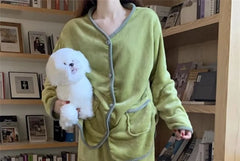 Pajama Set: Long Sleeve V-Neck Contrast Trim Button Fleece Top + Plain Straight Leg Pants