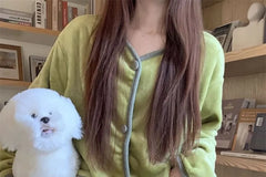 Pajama Set: Long Sleeve V-Neck Contrast Trim Button Fleece Top + Plain Straight Leg Pants