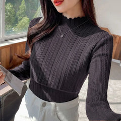 Maternity Long-Sleeve Mock Neck Plain Lettuce Edge Nursing Knit Top