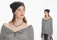 Long-Sleeve Off Shoulder Striped Top