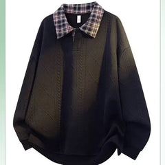 Drop Shoulder Plaid Panel Polo Sweatshirt