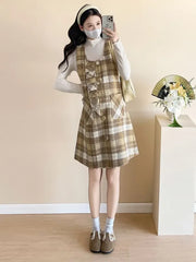 Maternity Set: Long-Sleeve Plain Top + Sleeveless Plaid A-Line Dress