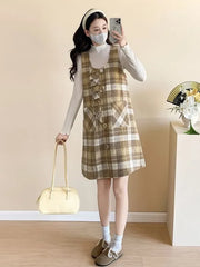 Maternity Set: Long-Sleeve Plain Top + Sleeveless Plaid A-Line Dress