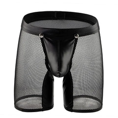 Plain Mesh Panel Faux Leather Boxer Briefs