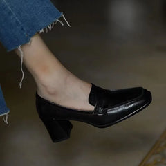 Square Toe Block Heel Loafer Pumps