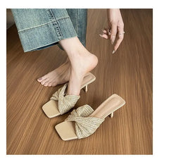 Kitten Heel Woven Knot Slide Sandals
