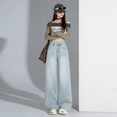 Mid Rise Rhinestone Washed Wide Leg Jeans (Various Designs)