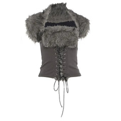 Cap-Sleeve Furry Crop Corset Top