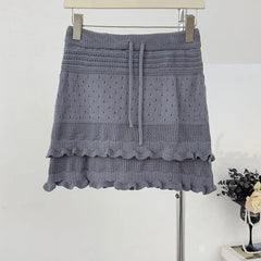 High Waist Plain Crochet Knit Ruffled Hem Mini Pencil Skirt