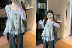 Long Sleeve Scoop Neck Plain Ruffle Panel Lace Top / Plain Button Sweater Vest