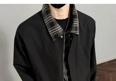 Mock Two-Piece Collared Plaid Panel Zip-Up Jacket
