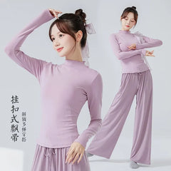 Long-Sleeve Mock Neck Plain Lettuce Edge Ruffle Dance Top