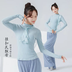 Long-Sleeve Mock Neck Plain Lettuce Edge Ruffle Dance Top