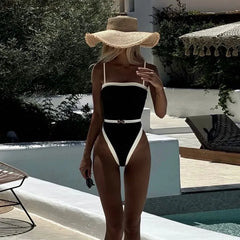 Spaghetti Strap Square-Neck Contrast-Trim Swimsuit