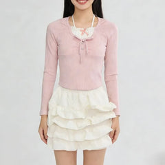 Long-Sleeve Plain Balletcore Crop Top / Mid Rise Tiered Mini A-Line Skirt