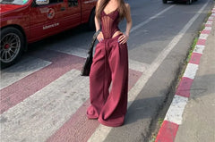 Spaghetti Strap V-Neck Sheer Bodysuit Top / Drawstring Waist Plain Wide Leg Sweatpants