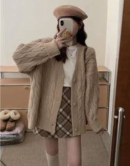 Long Sleeve V-Neck Plain Cable Knit Cardigan
