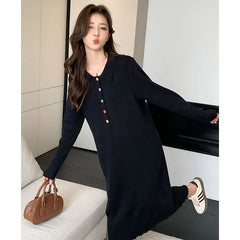 Maternity Long-Sleeve Collared Half-Buttoned Plain Midi Shift Knit Dress