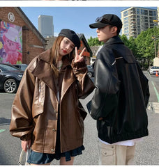 Couple Matching Collared Plain Panel Faux Leather Button Jacket