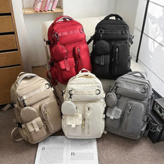 Set: Plain Multi-Pocket Fabric Backpack + Coin Purse
