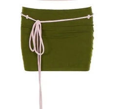 Scoop Neck Contrast-Trim Slim-FIt Camisole Top / Low Waist Tie-Waist Mini Pencil Skirt