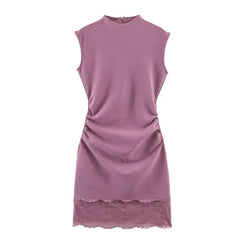 Sleeveless Mock Neck Plain Ruched Panel Lace Mini A-Line Dress