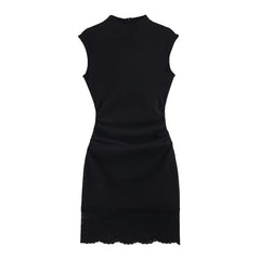 Sleeveless Mock Neck Plain Ruched Panel Lace Mini A-Line Dress