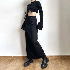 High Waist Plain Slit Maxi Pencil Skirt