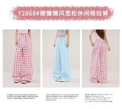Mid Rise Plaid Wide Leg Pants