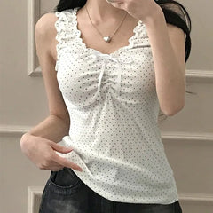 Scoop Neck Polka Dot Lettuce Edge Tank Top