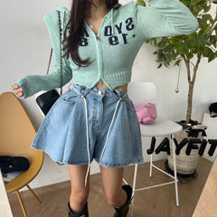 Low Waist Wide Leg Paperbag Denim Shorts