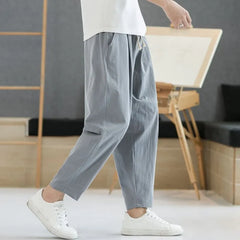Drawstring Waist Plain Cropped Baggy Pants