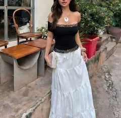 Short Sleeve Off Shoulder Lace-Trim Slim-Fit Crop Top