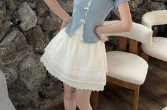 Mock Two-Piece Short-Sleeve Scoop Neck Lace Panel Slit Crop Top / High Waist Layered Mini A-Line Skirt