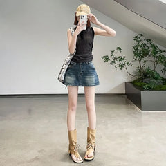 High Waist Washed Denim Mini A-Line Skort