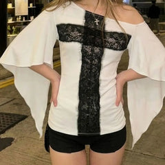 Elbow Sleeve Cold Shoulder Lace Panel Slim-Fit T-Shirt