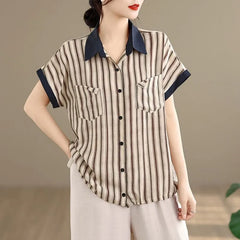 Short-Sleeve Shadow Stripe Shirt / High Waist Wide Leg Pants / Set