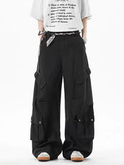 Mid Waist Plain Wide Leg Cargo Pants