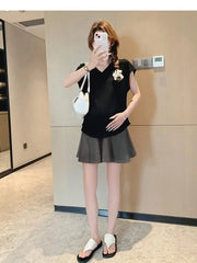 Maternity Cap Sleeve V-Neck Plain T-Shirt / Elastic Waist Plain Mini A-Line Skort