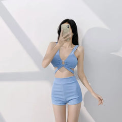 Set: V-Neck Plain Cutout Bikini Top + Swim Shorts