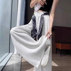 Set: High Waist Plain Wide Leg Pants + Scarf