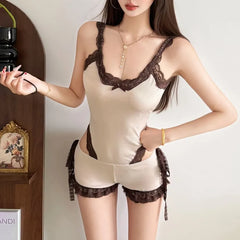 Spaghetti Strap V-Neck Lace Trim Open Back Bodysuit Top / Low Rise Hot Pants